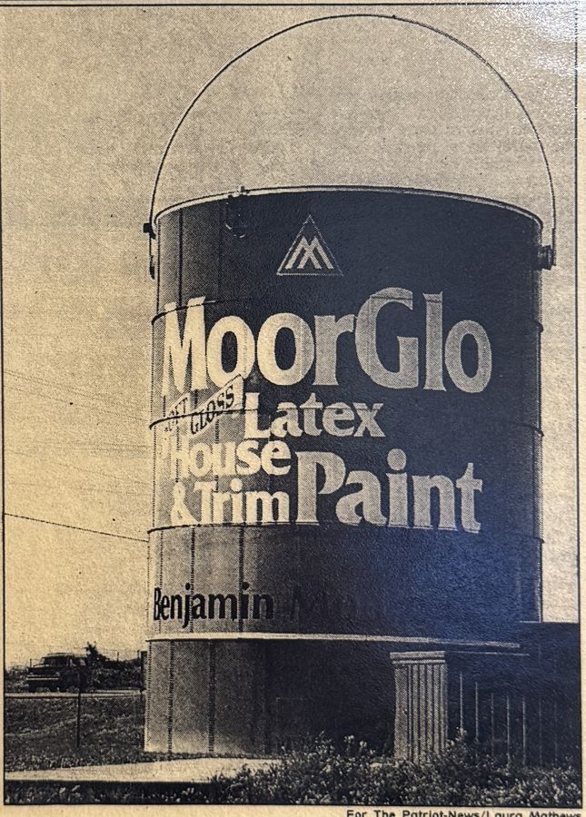 The giant paint can with its MoorGlo Latex House & Trim Paint label (1995)