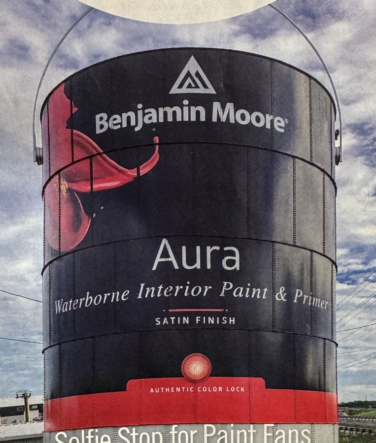 The giant paint can with its Aura Waterborne Interior Paint & Primer label (2018)