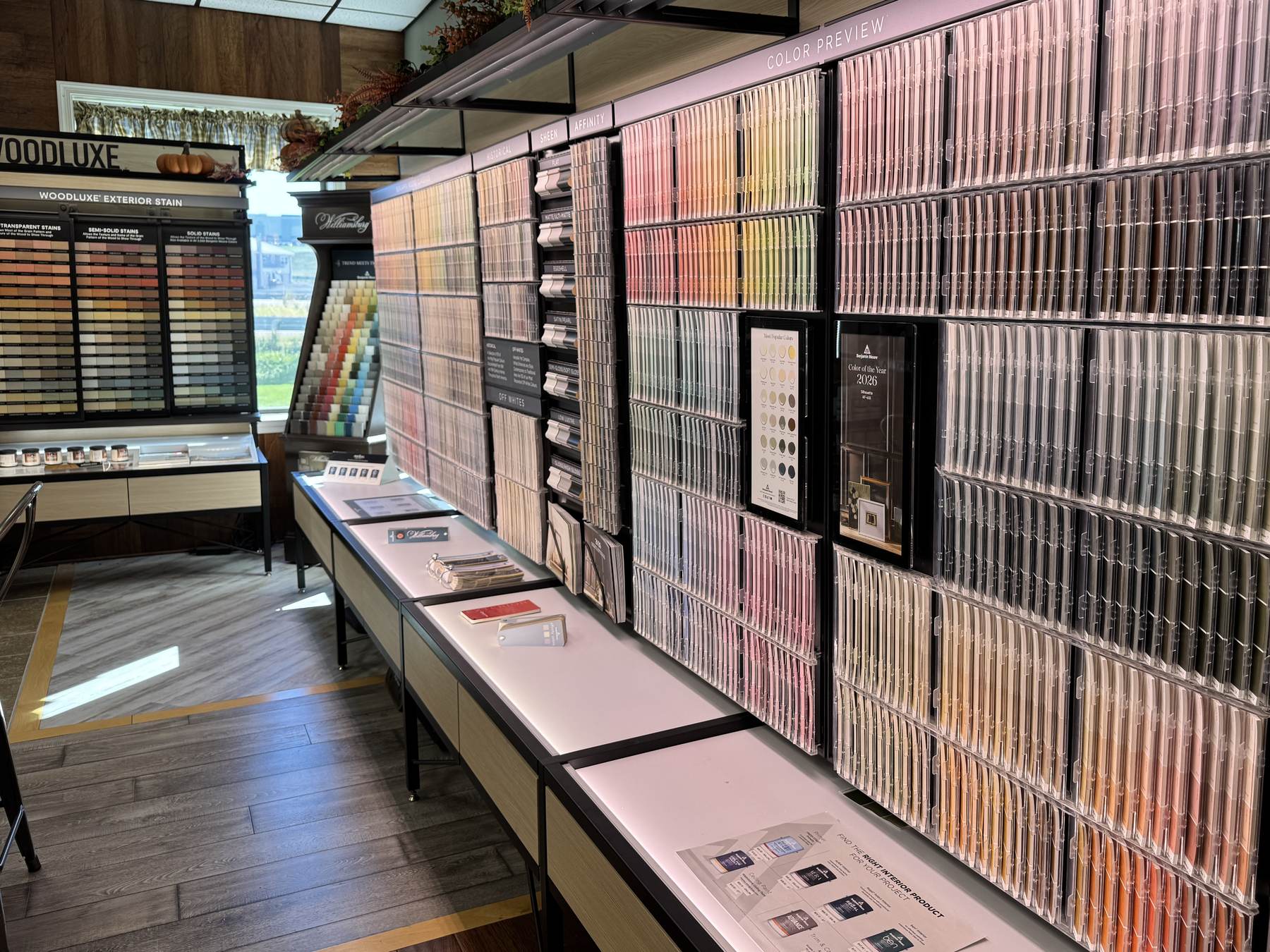 The Benjamin Moore color wall inside the A & A showroom